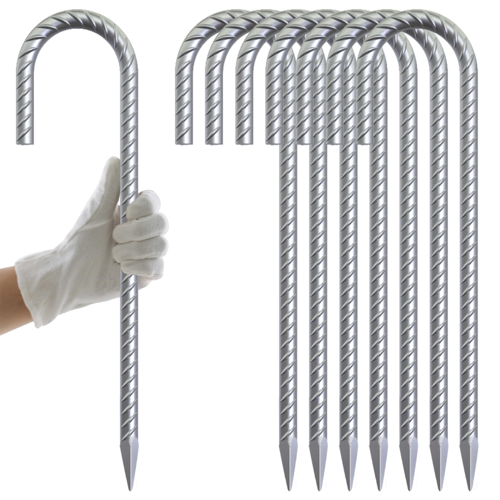 AAGUT 8X Galvanized Rebar Tent Stakes J Hook 12 inch, Dog Dig Defence Chain Link Fence Stakes Canopy Yard Landscape Garden Staples, Heavy Duty Metal Tent Stakes Steel Ground Anchors (RebarStakes-8)