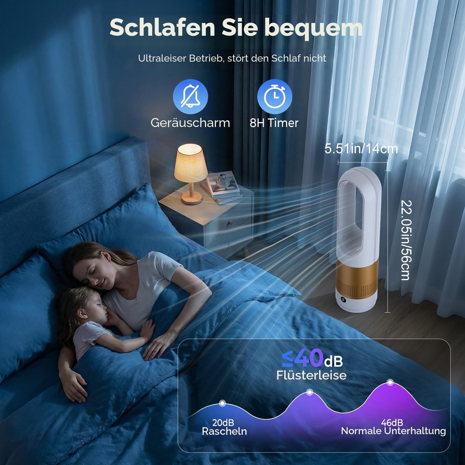 IERAKOR Rotorloser Turmventilator 56cm, Ventilator Leise (Gold) | 8 Geschwindigkeiten, 80° Oszillation, 8H Timer, mit Fernbedienung, sicheres Design für Kinder, für Schlafzimmer und Büro