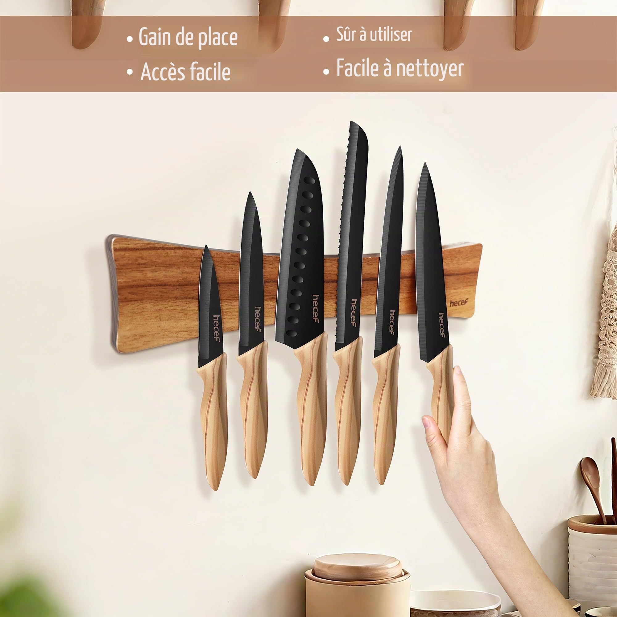 hecef Barre Magnétique pour Couteaux et Ustensile – Support Porte Couteaux Aimanté en Bois Stable, Aimant Couteau Mural – Ailes de Papillon Design (40,6 * 8cm)
