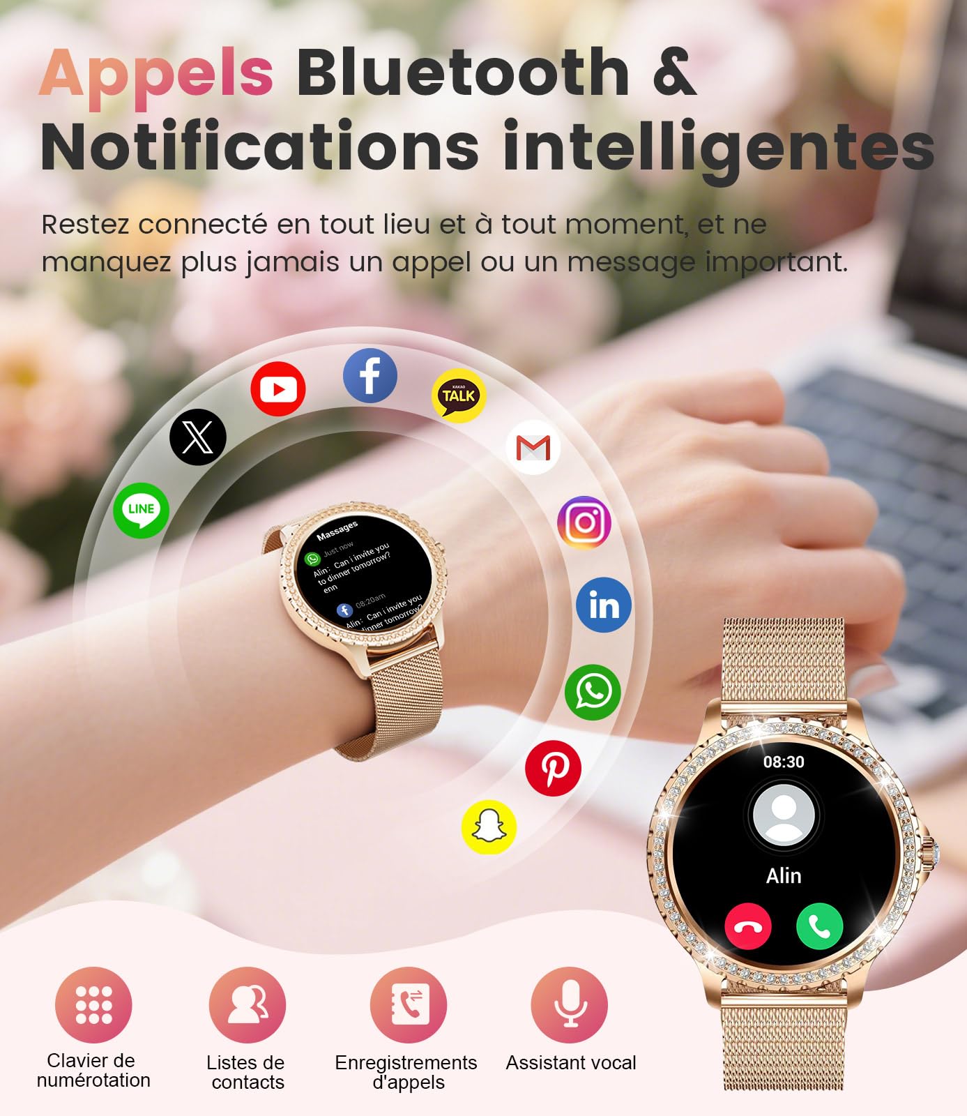 LIGE 1.32" HD Montre Connectée Femme avec Appel Bluetooth, Smartwatch IP68 avec Fonction Féminine/120+ Modes Sport/Fréquence Cardiaque/Sommeil/Cycle menstruel/Podomètre Calories pour Android iOS