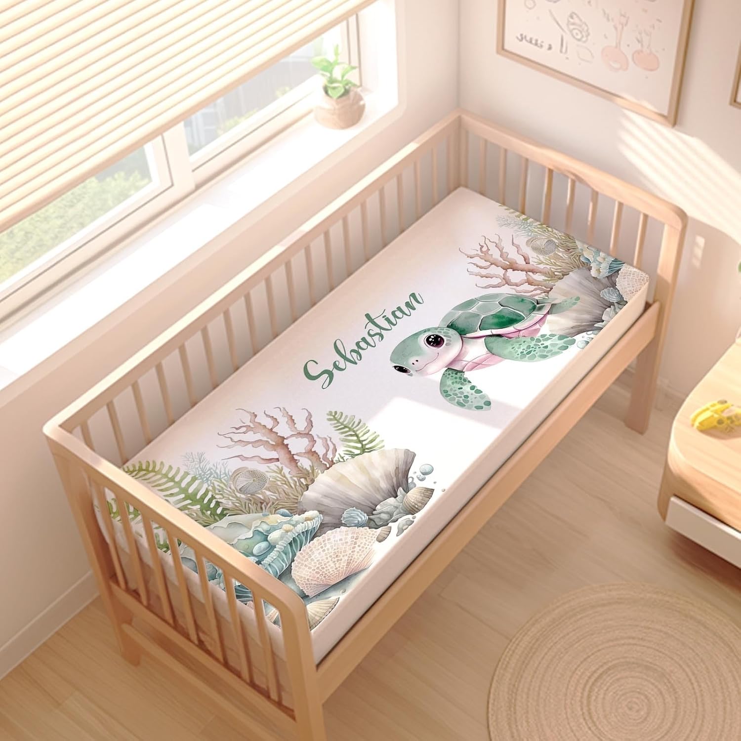 Custom Name Baby Boy Crib Bedding Set – Personalized 3-Piece Sea Turtle Nursery Set with Soft Blanket, Fitted Crib Sheet & Pillowcase – Infant Toddler Bedding Gift for Newborn