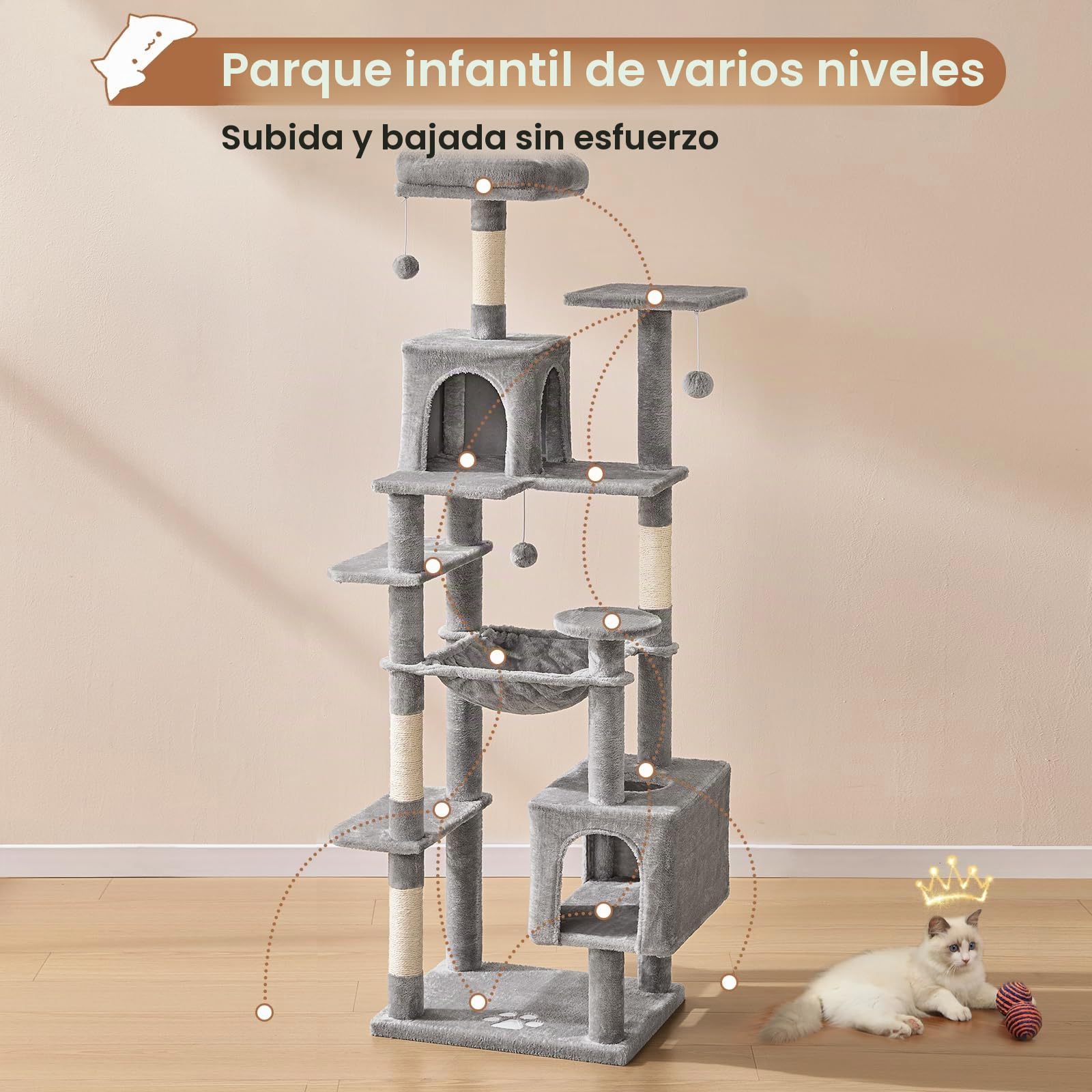 MSmask Árbol de gatos grande, L Árbol para gatos estable, árbol de rascar para gatos con 2 plataformas, 2 cuevas para gatos, hamaca, columnas de sisal, árbol de escalada de varios pisos para gatos