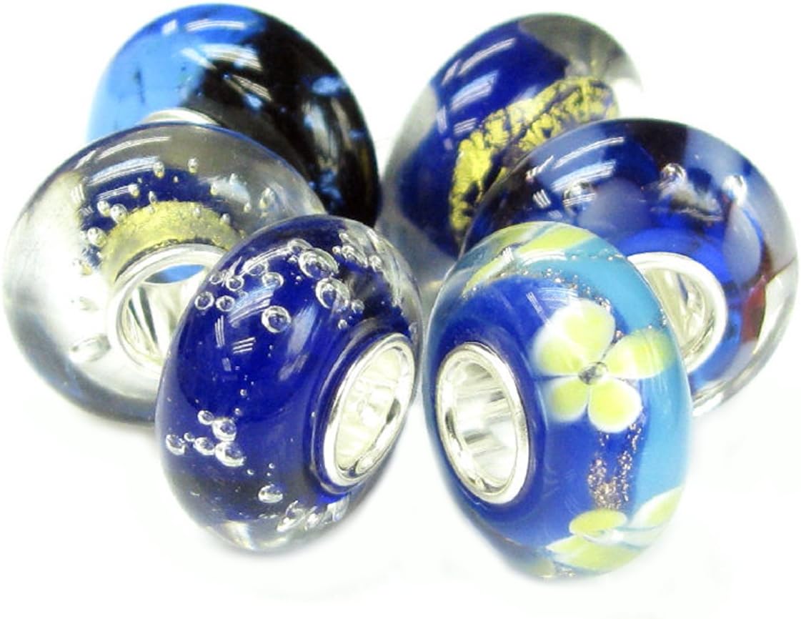 6pcs Sterling Silver Colorful Round European Style Glass Bead Charm Bundle