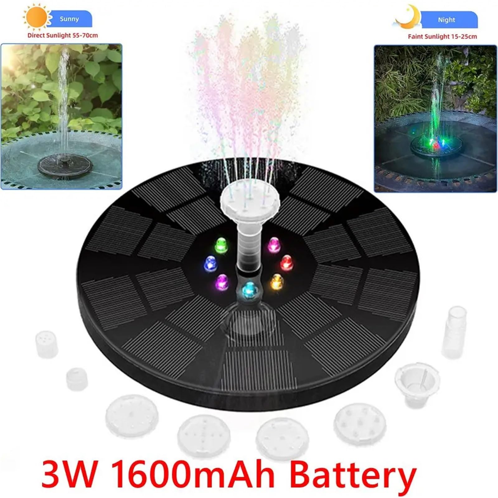 Pompka Słoneczna Solarna pływająca fontanna pompa wodna z kolorowymi diodami LED do kąpieli ptaków 3W 1600mAh bateria do ogrodu/stawu/basenu Solarna pompa fontannowa(7 Colors LED)