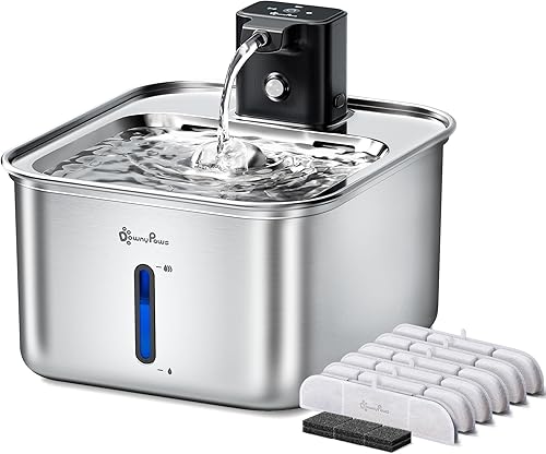 Miniatura 1 de DownyPaws Fuente de agua para gatos de acero inoxidable inalámbrica, fuente de agua inalámbrica FurSink de 101 onzas  3 L para gatos, fuentes para