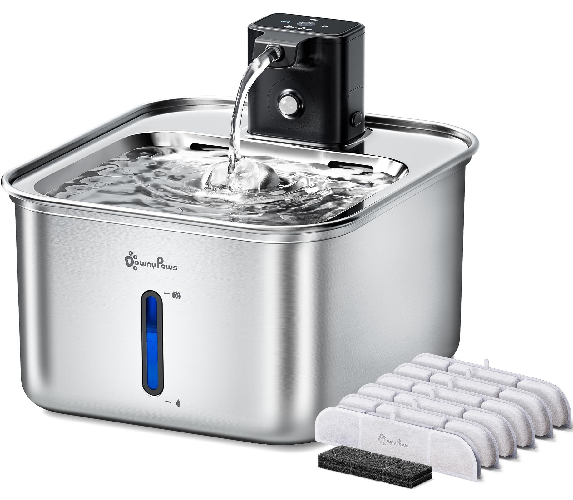 DownyPaws Cat Water Fountain Stainless Steel Wireless, 101 oz/3L FurSink Cordless Water Fountain for Cats, Battery Operated Cat Fountains for Drinking with Motion Sensor, Easy Clean, Metal & 6 Filters