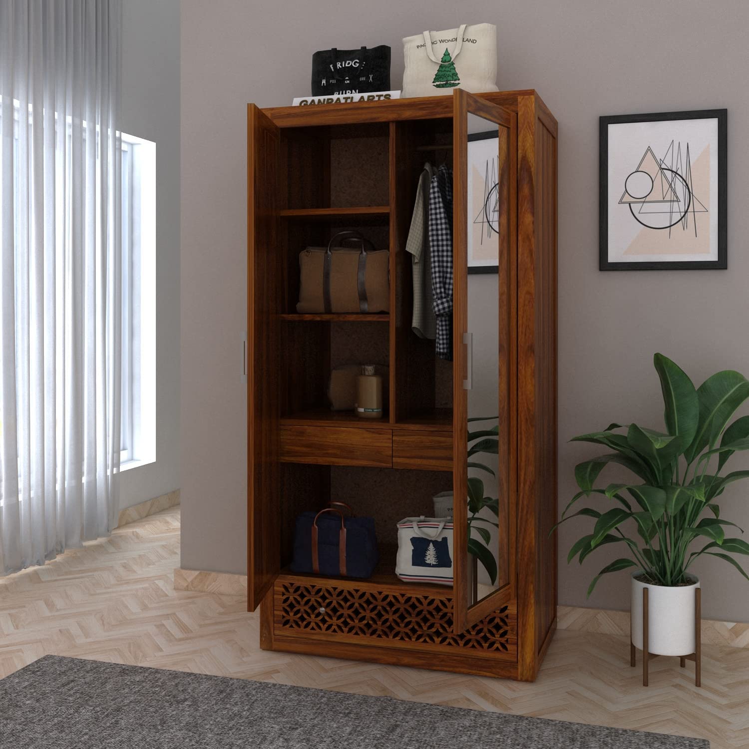 Rajasthali Furniture Wooden 2 Door Wardrobe Organizer for Storage with 3 Drawer 4 Shelves & Hanging Space Sheesham Wood Cupboard for Bedroom - Wooden Almirah Organizer for Clothes Storage (Design 14)-image-45