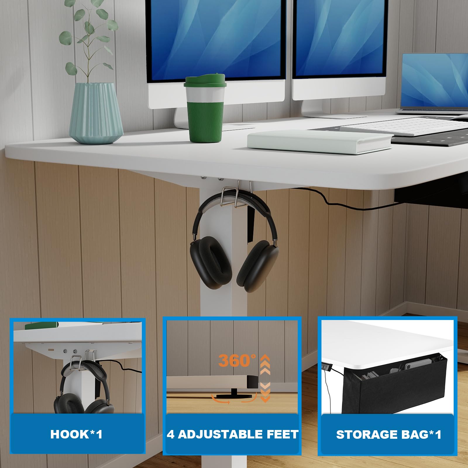 Schreibtisch Höhenverstellbarer Elektrisch, 160 x 80cm, Computertische mit Memory-Steuerung, Ergonomic Standing Desk, Mit Haken und Aufbewahrungstasche, Bürotisch, Weiß