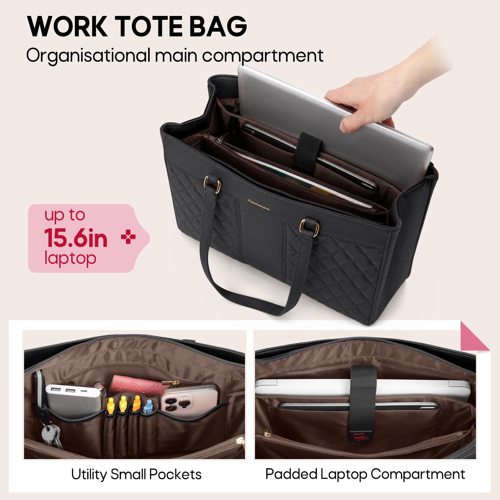 RAINSMORE Laptoptasche Damen 15,6 Zoll PU Leder Schultertasche Aktentasche Arbeitstasche