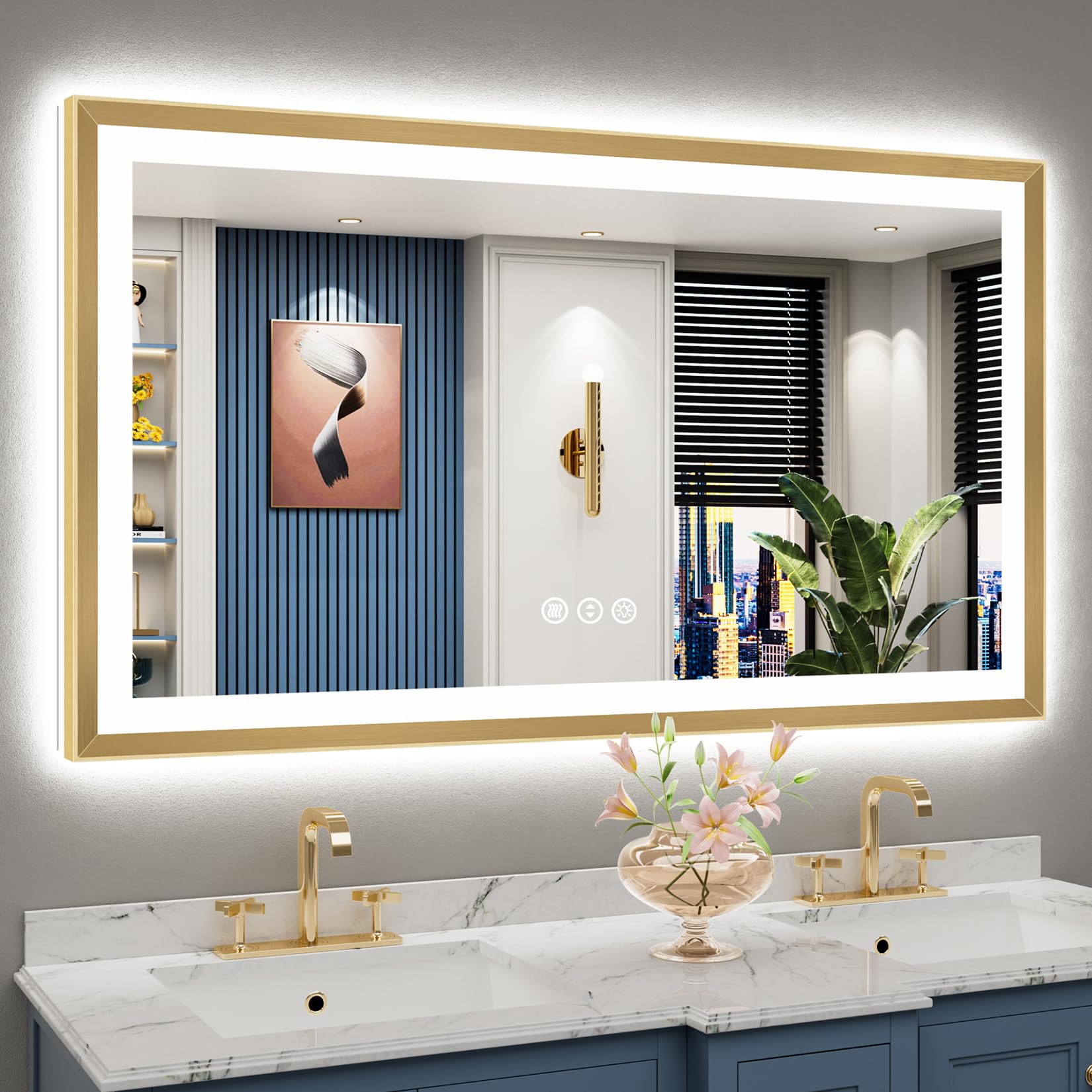 55x30 Gold Beveled LED Lighted Bathroom Mirror, Backlit &amp; Front Lit