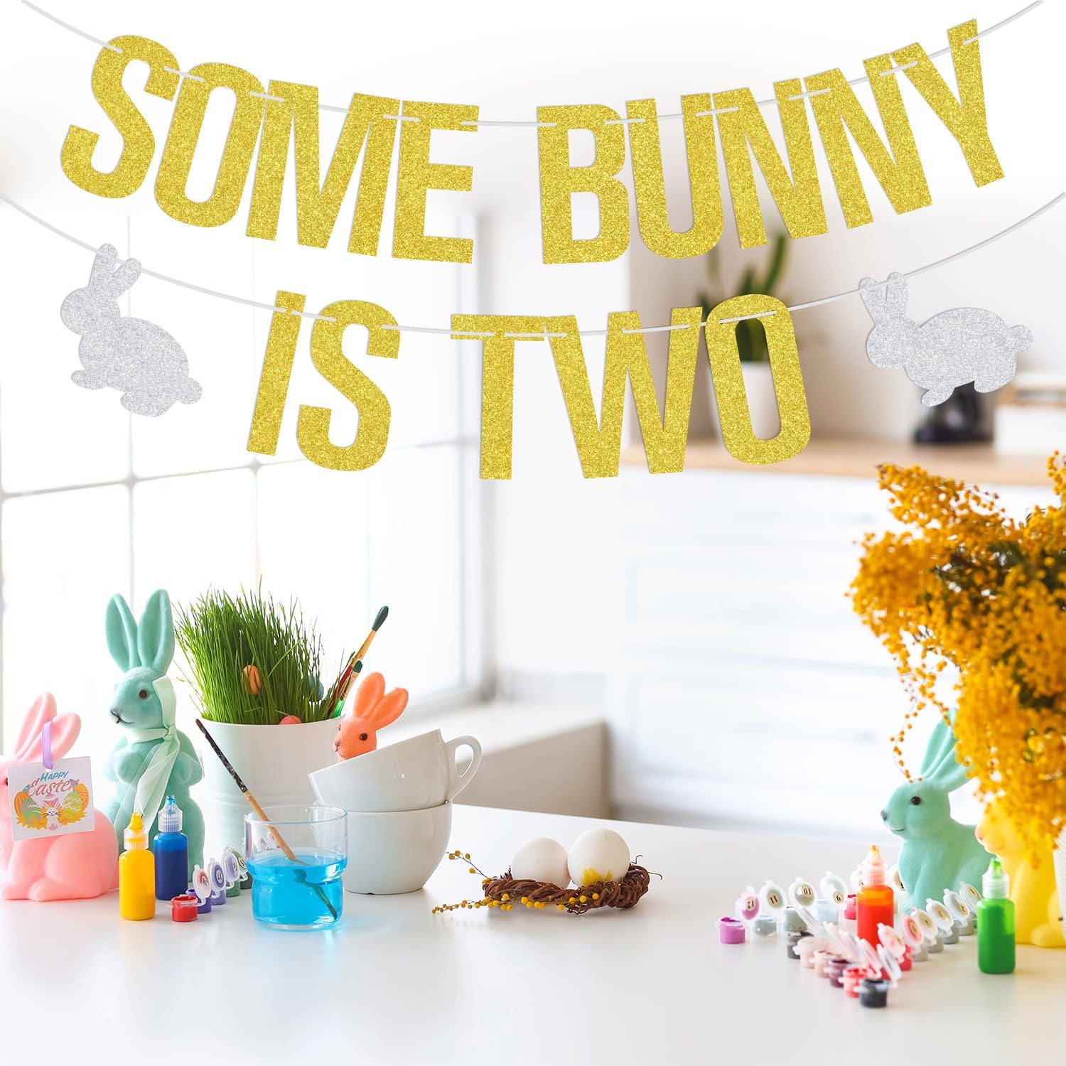 Some Bunny is Two Banner, Easter 2nd Birthday Banner, Spring Easter Bunny Theme Baby 2nd Birthday Party Decorations