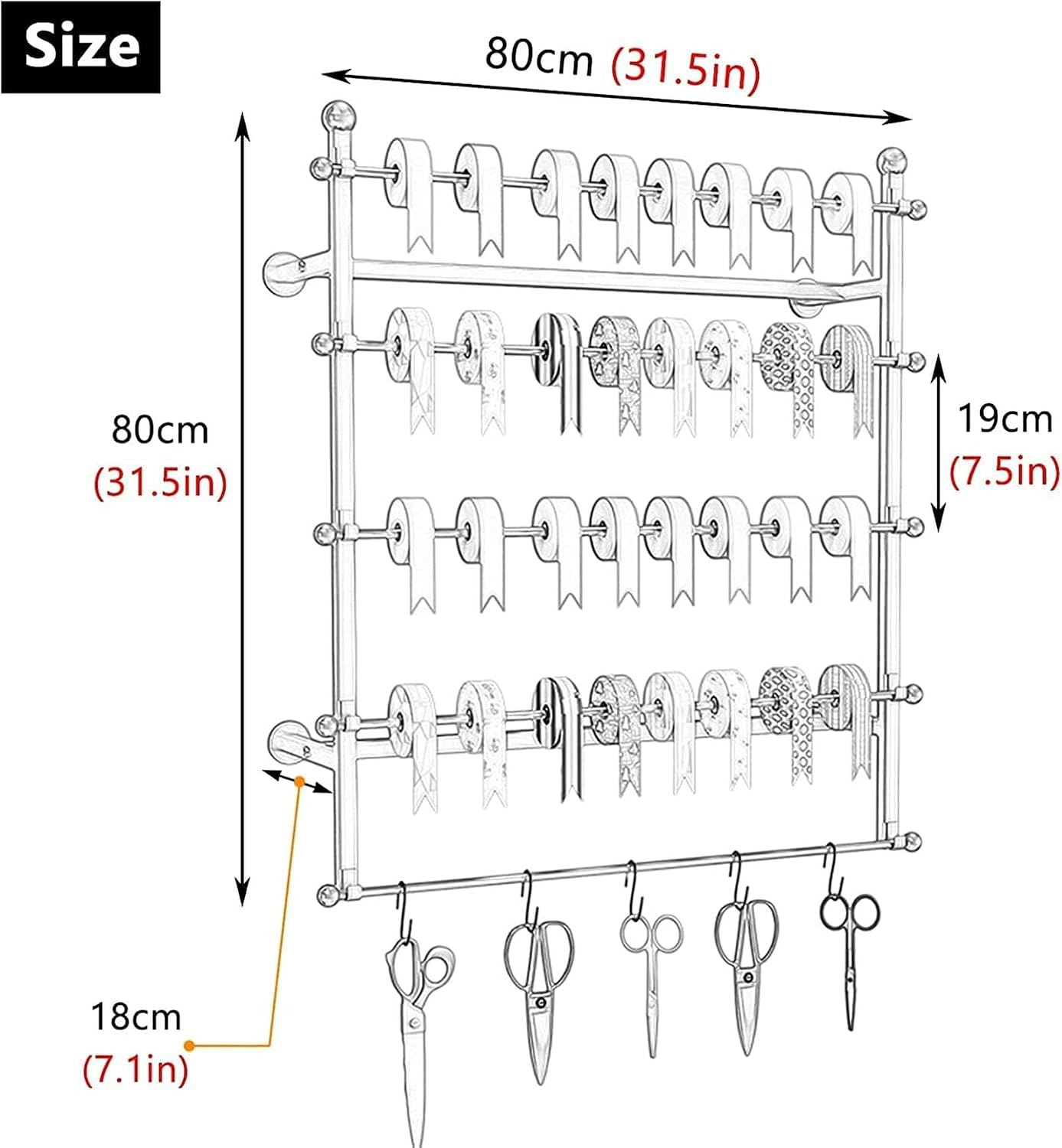 Ribbon Storage Display Rack Scarf Wall Mount Ribbon Organizer, Craft Ribbon Storage Display Stand/Shelf for Wrapping Paper Wire Spool, Hanging Ribbon Dispenser for Sewing Room, 10 Tier Large image 3