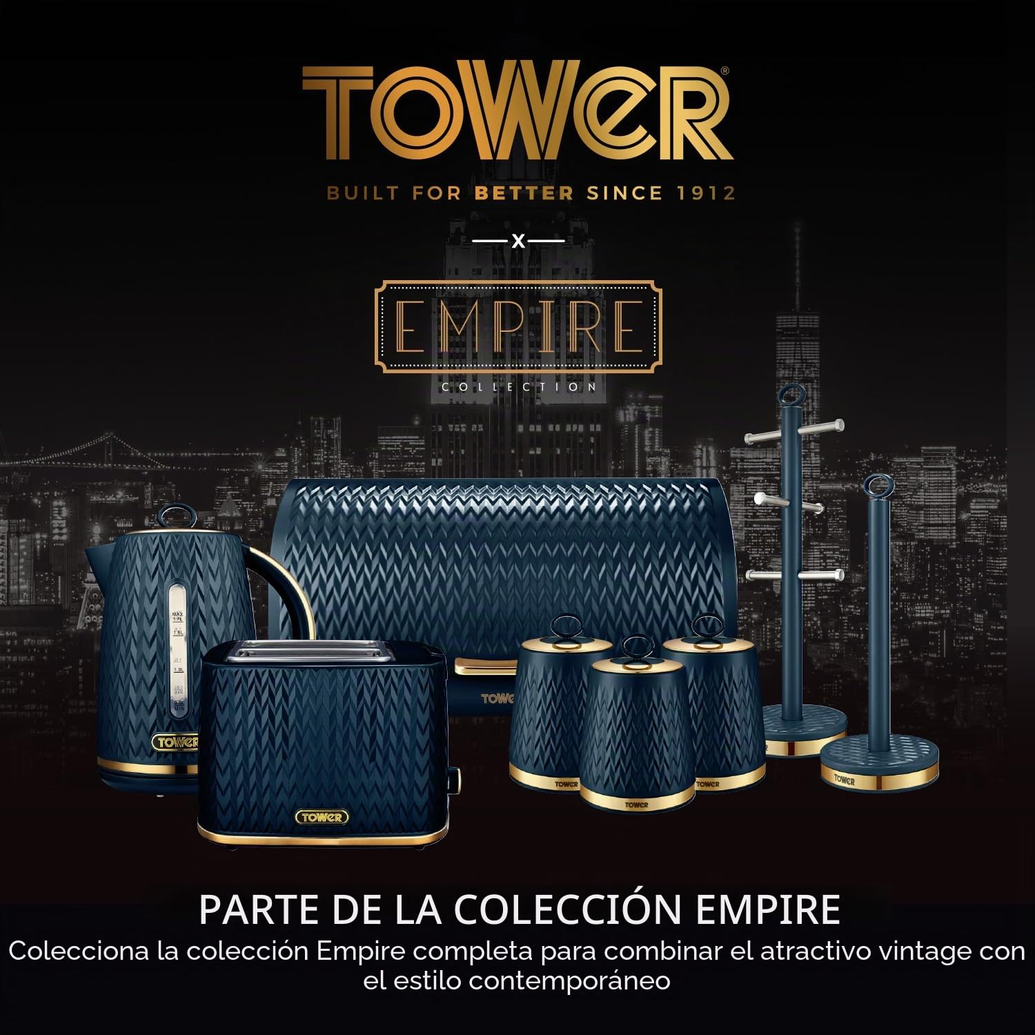 Tower Empire T826090MNB - Panera Enrollable de Acero Inoxidable, Color Azul Medianoche y latón