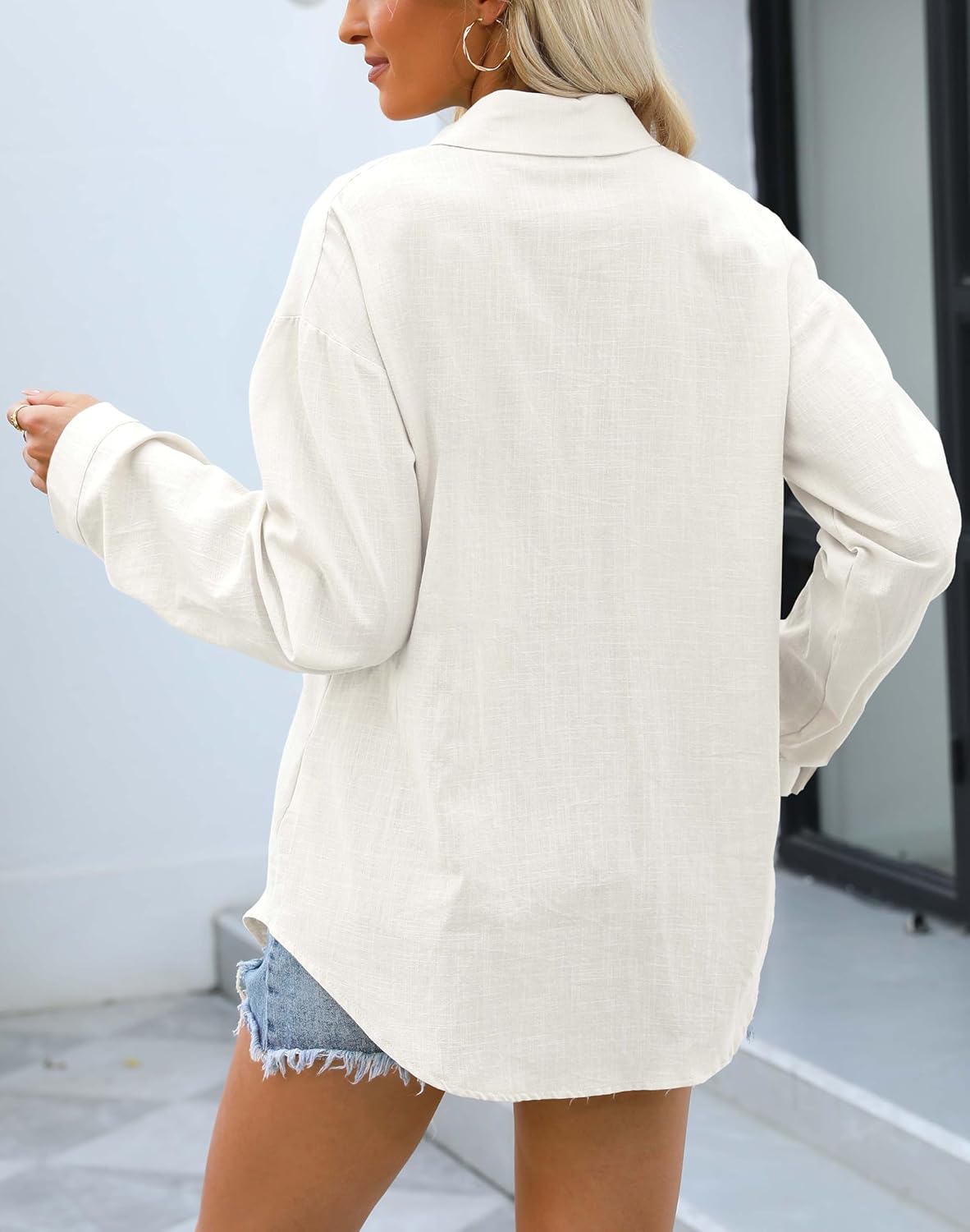 Women's Cotton Linen Button Down Shirt V Neck Roll Up Long Sleeve Collared Blouse Loose Fit Casual Work Tops - Image 3