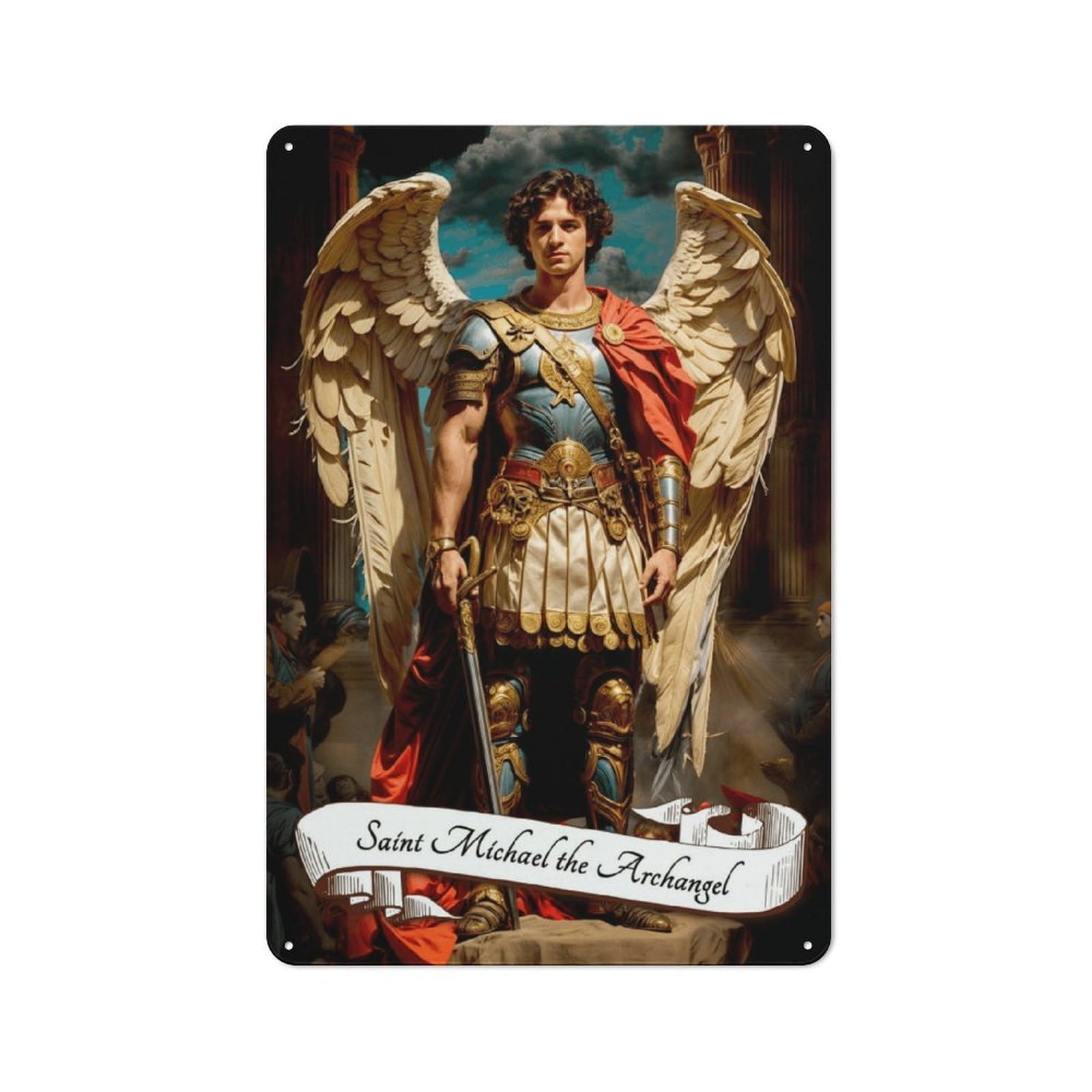 Junmoney Style-4 Saint Michael Archangel Statue Vintage-Inspired Tin Sign 30X20cm For Café Or Restaurant, For Cooler-Month Interiors With Vintage Character