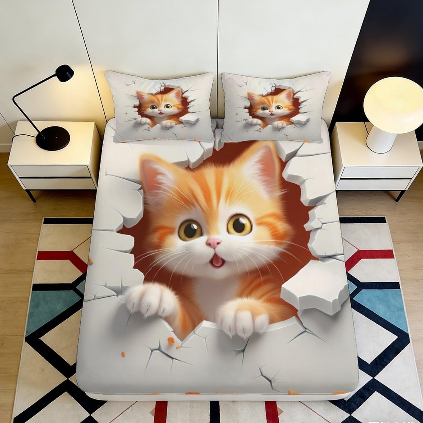3D Printed Cute Orange Cat Fitted Sheet Microfiber Soft Non-Slip Cartoon Kitten Mattress Cover for Bedroom Decor 200x200x25cm