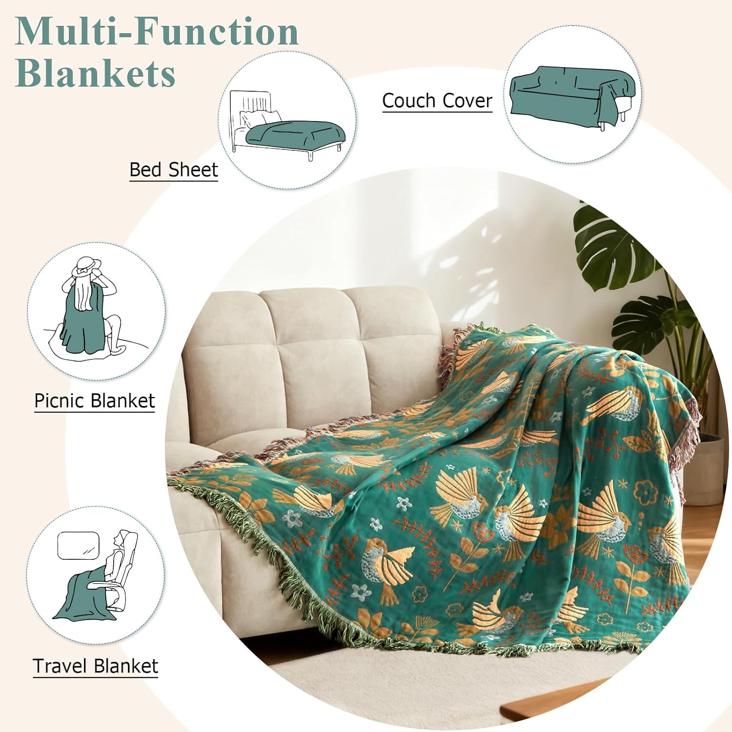 Boho Throw Blanket - 100% Cotton Soft Throw Blanket for Bed, 50"x60" Reversible Breathable Lightweight Fall Blankets, All Seasons Farmhouse Decor Floral Plant Bird Throw Quilt - Image 7