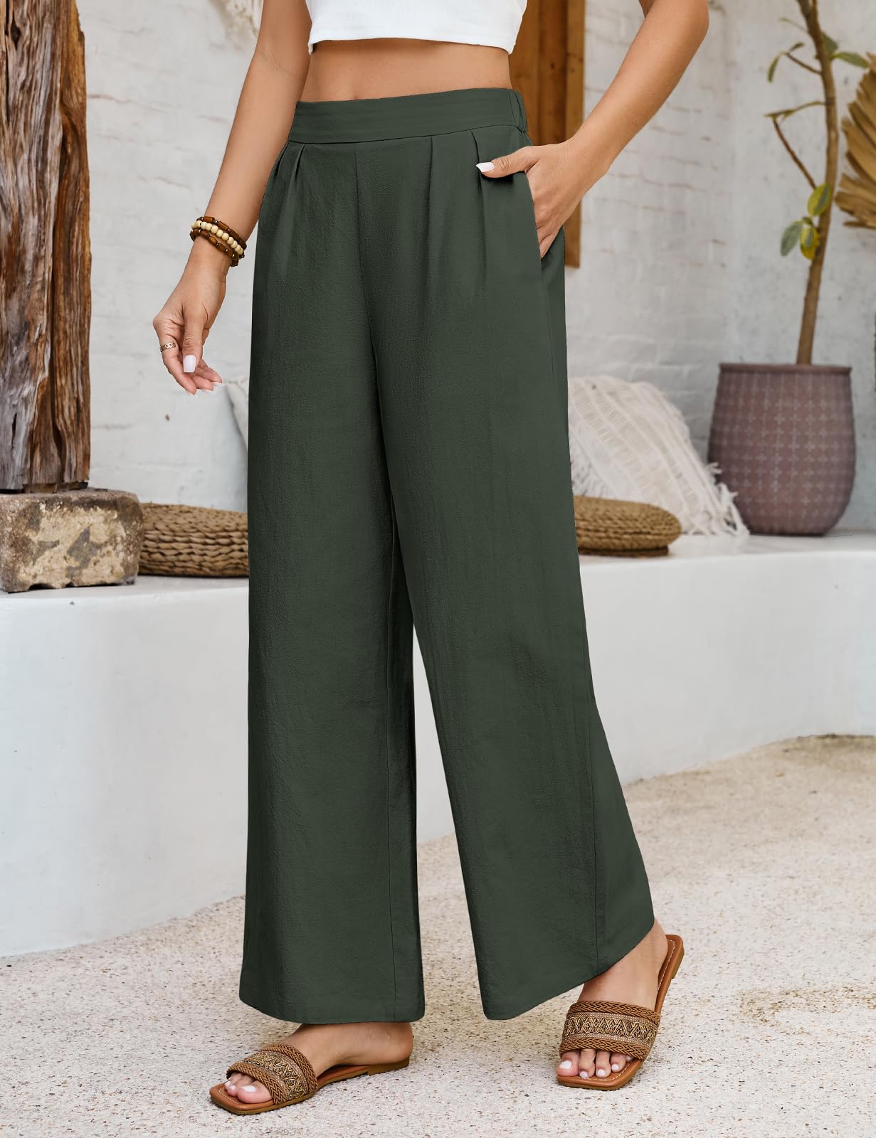 Pantaloni Donna Estivi Cotone Pantaloni Larghi Leggeri Pantalone Elastico Vita Pantaloni Eleganti Casual da Spiaggia Comodi Tinta Unita con Tasche - 4