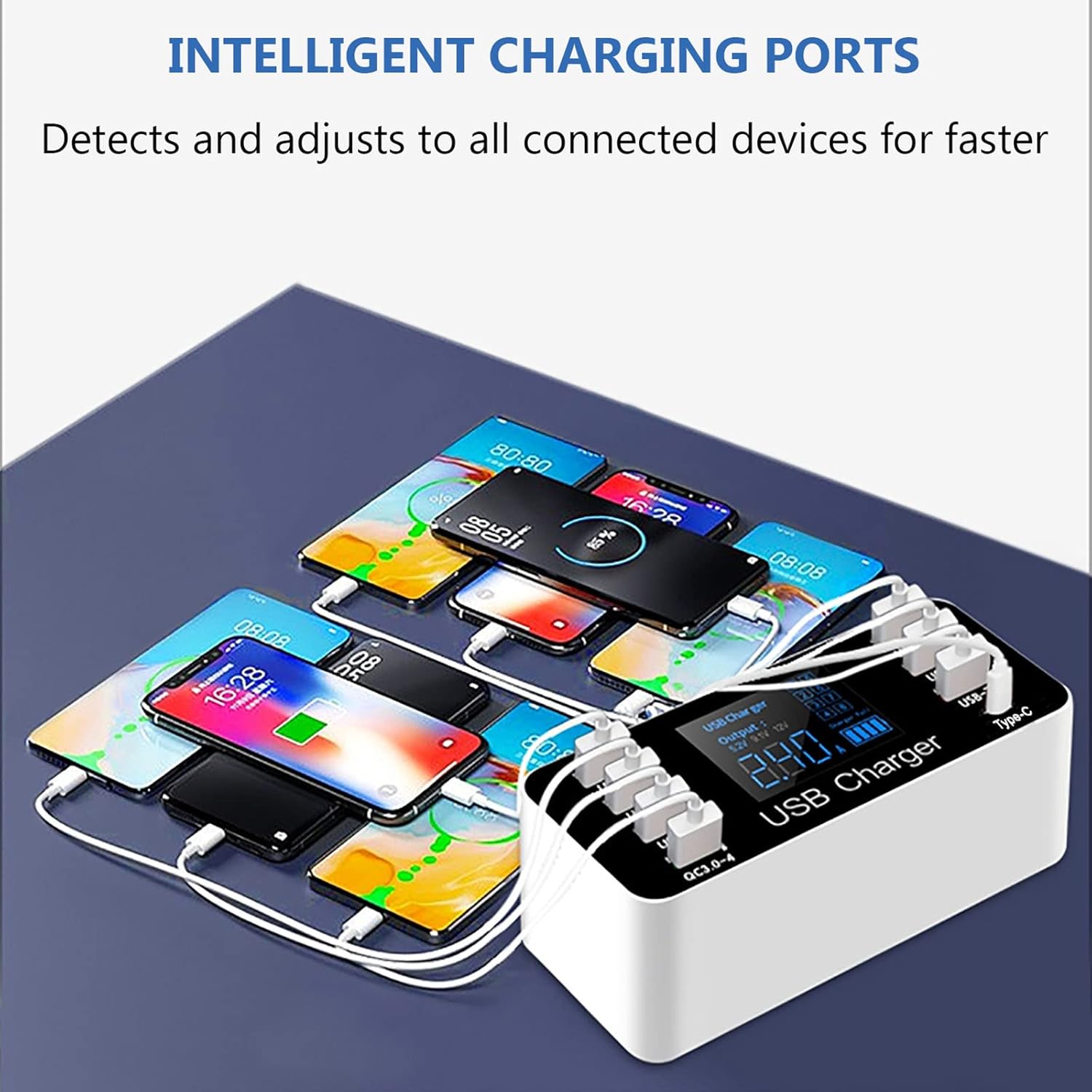 Multiple USB Charger, 40W 8-Port Desktop Charging Station with Quick Charge 3.0, Type C Port and LCD Display for Smartphones, Tablets and More