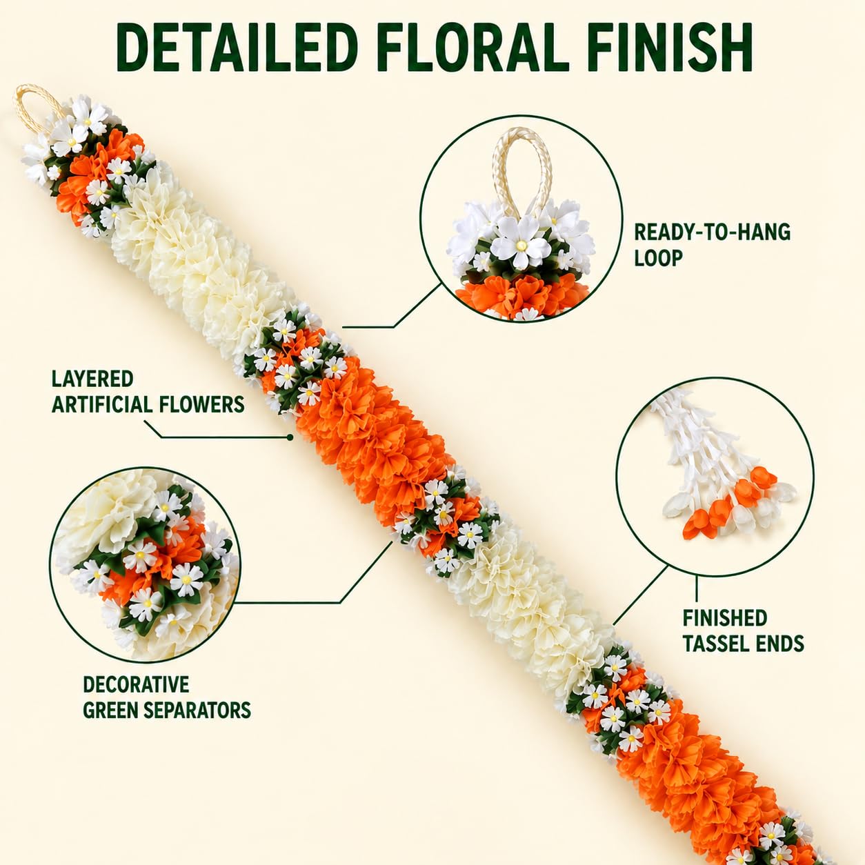 Artificial Flower Garlands - White Jasmine & Orange -7 Artificial Flower Garlands - White Jasmine & Orange -7