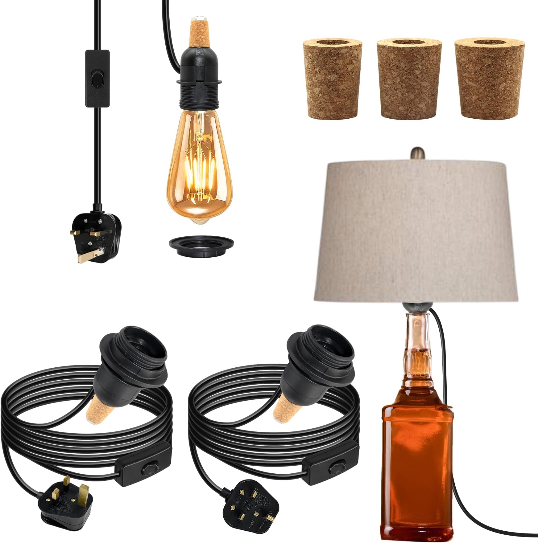 DIY Lamp Kit for Wine Bottles - 2Pcs Black E27 Table Lamp Fittings With 8Ft Plug-in Cord, 3 Types Bung for Various Bottles - Install Lampshade