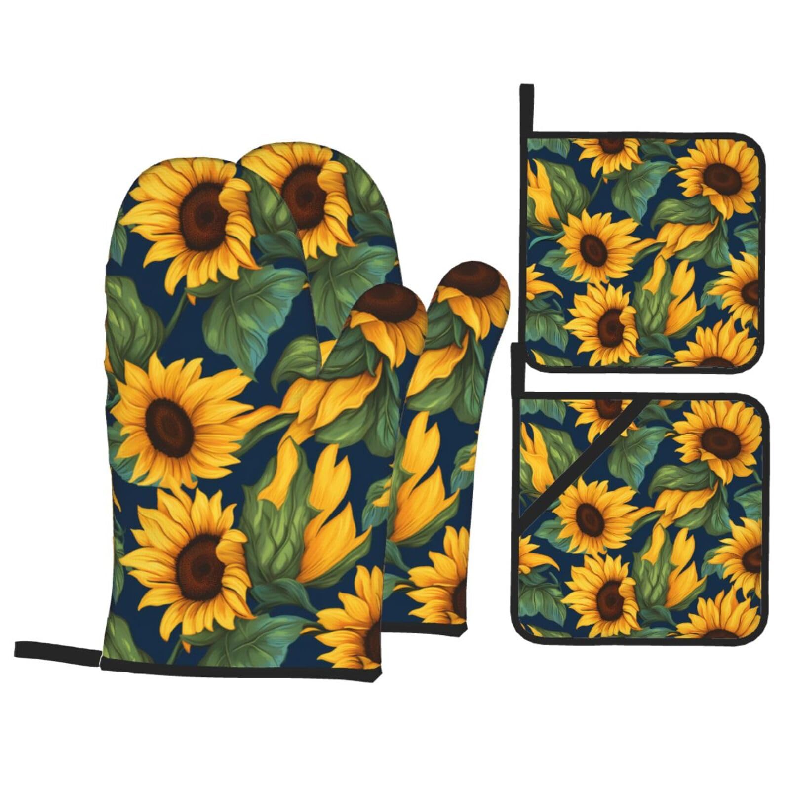 HJFCZH Sunflower Beauty Picture Kitchen Baking Set of 4 Thick Insulated Oven Mitt & Pot Holders, Anti-Scalding for Microwave, Oven, Outdoor BBQ