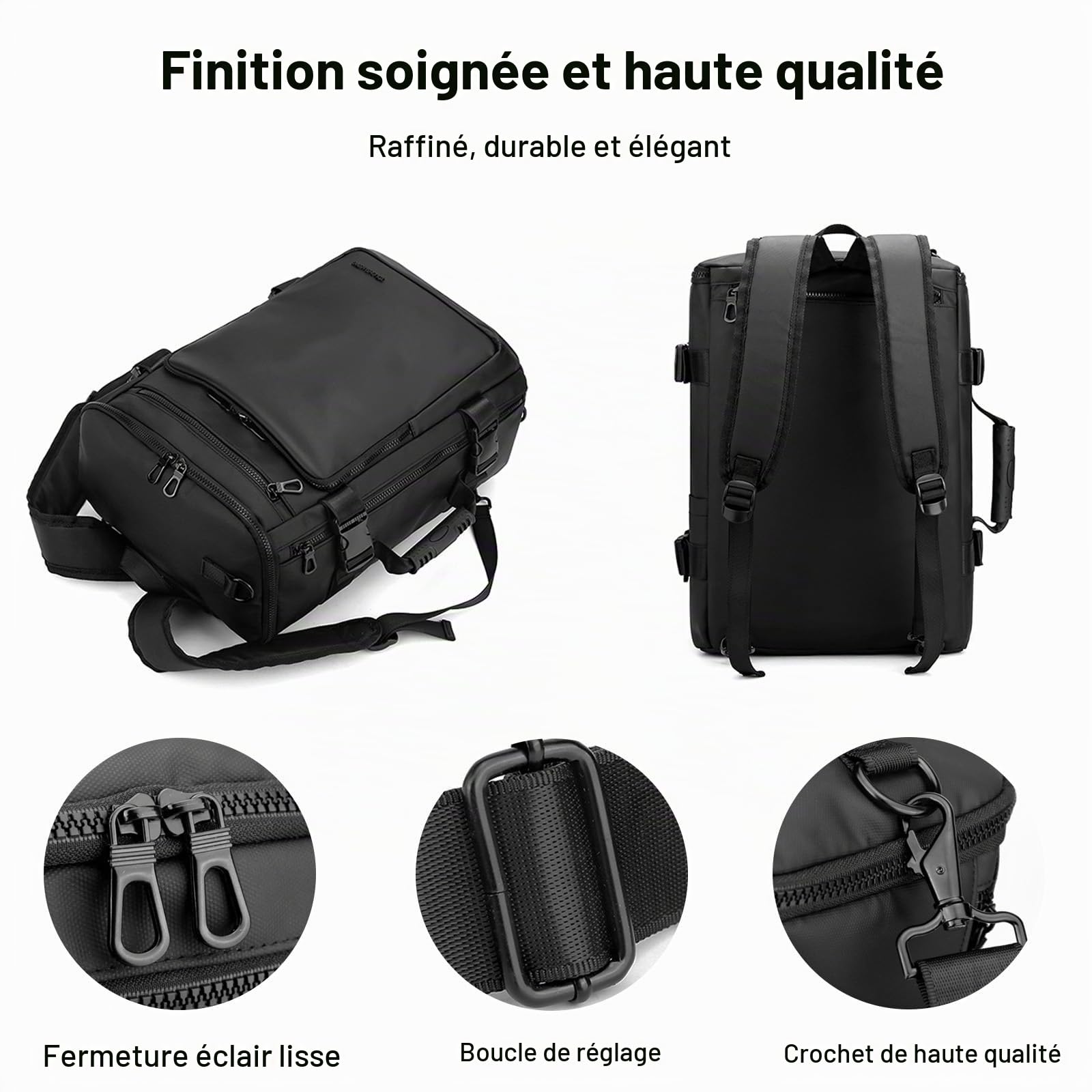 FANDARE Sac à Dos Convertible 3 Voies - Voyage Cabine Avion, Bagage à Main, Fourre-Tout en Cuir, Bandoulière, Ordinateur Portable - Pour Homme - Noir