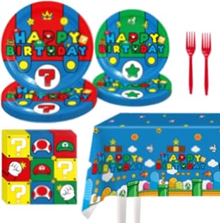 51pcs Cartoon Games Party Supplies Set with Plates, Napkins, Tablecloth, and Forks, Decorations Packs for Party, Birthday, Camping, Family Gathering and Festival/Outdoor Party