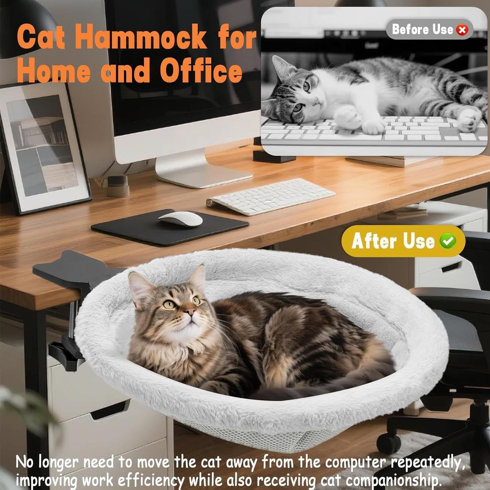 Cama de escritorio para gatos, cómoda hamaca para gatos, soporta hasta 23 kg, cama lavable para gatos, para interiores, espacio de trabajo, balcón, ventana, salón