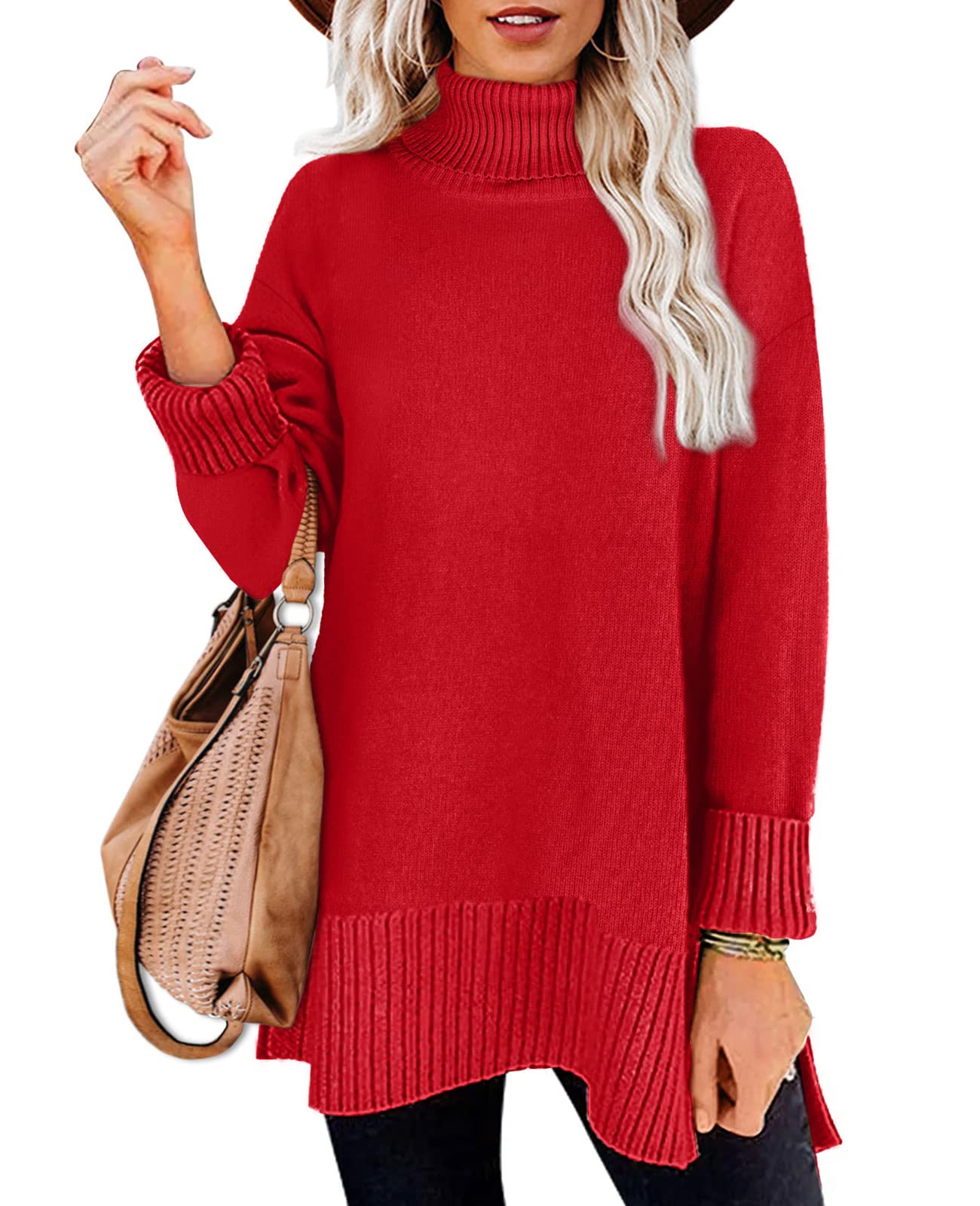 Glanzition Sweaters for Women Turtleneck Side Split Oversized Pullover Tops