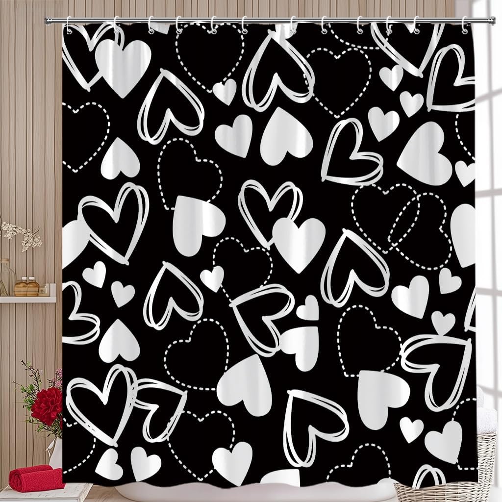 AMFD Valentines Shower Curtain Red White Heart Romantic Love Bathroom Curtains Decor Fabric Set Include Hooks,(70" Wx84 H)
