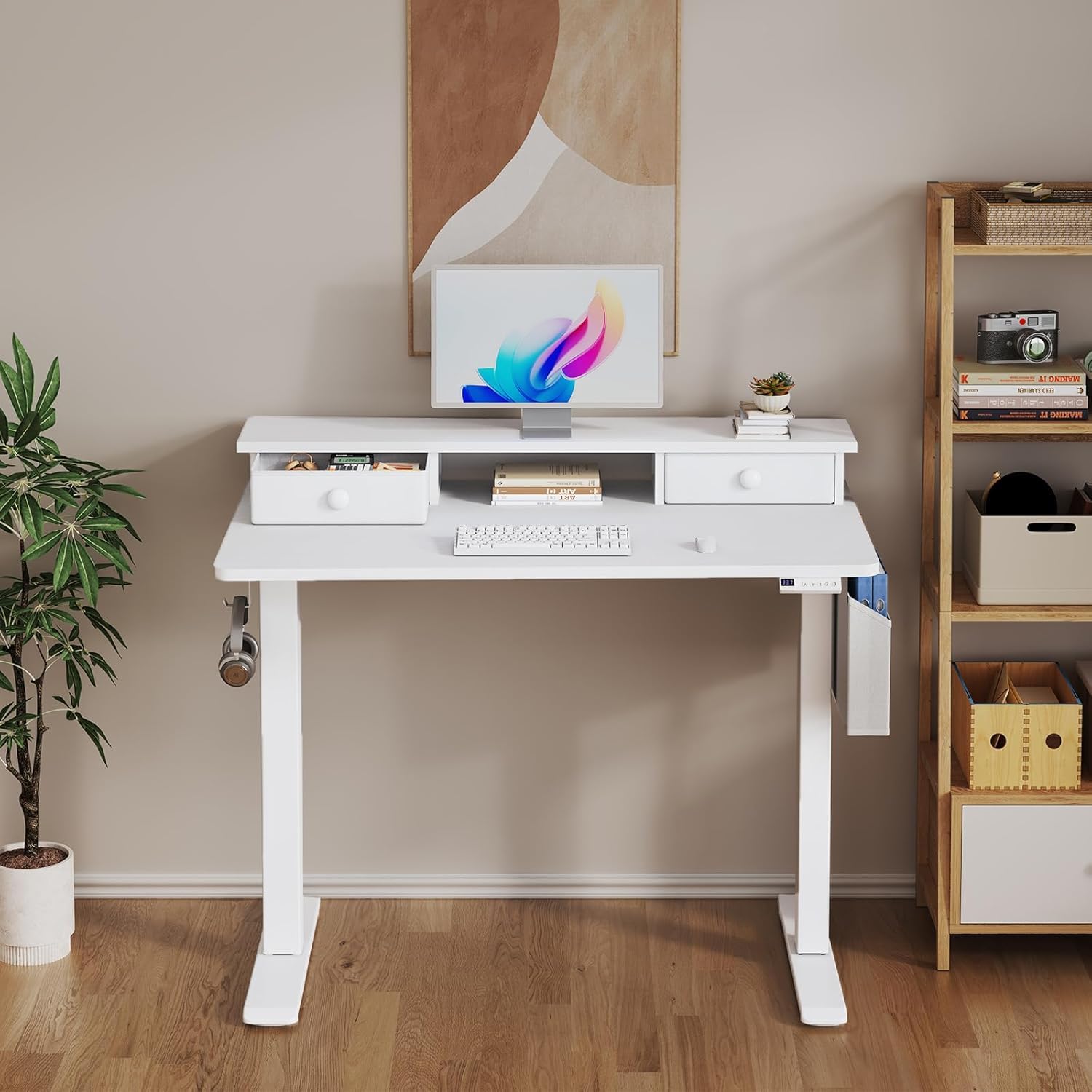 Lufeiya Scrivania elettrica bianca con cassetto – 40 pollici piccola scrivania con supporto per monitor regolabile in altezza per casa ufficio