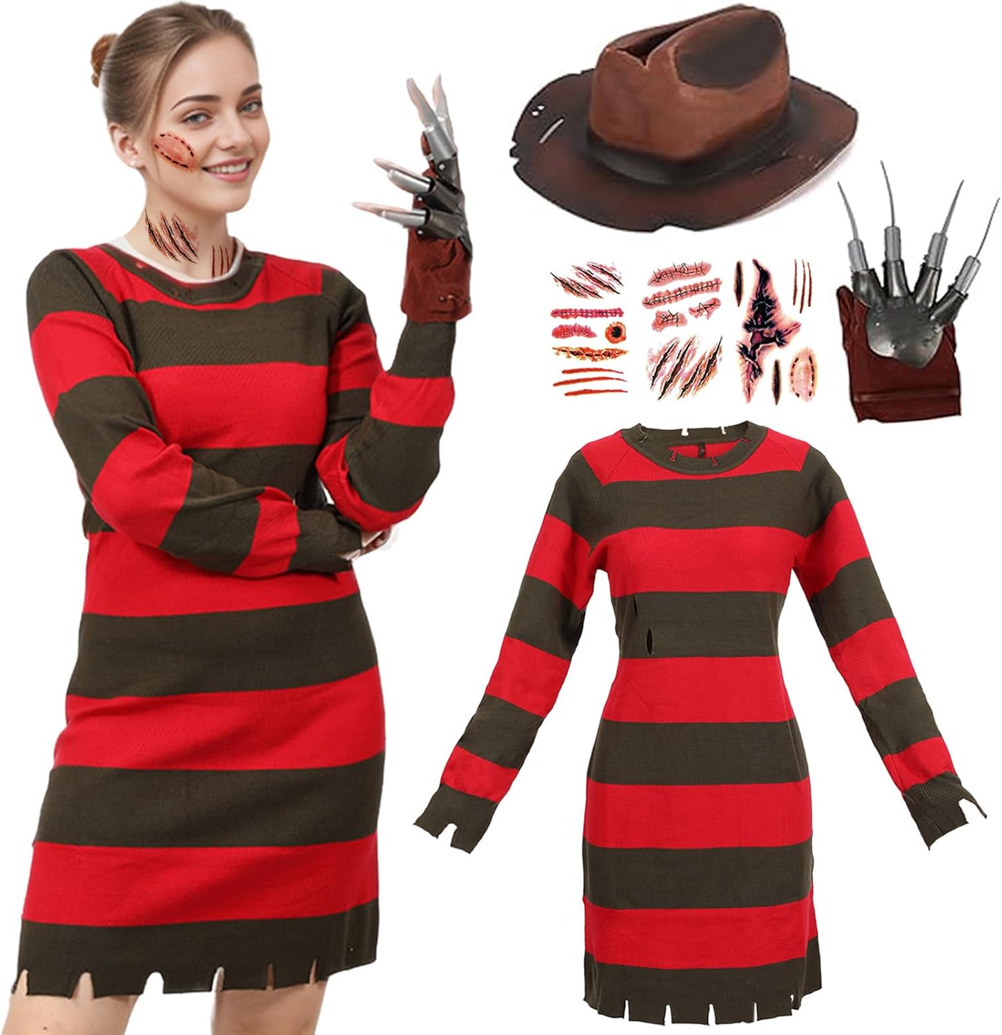 6PCS Scary Halloween Costume for Women Knitted Sweater Dress Hat Glove Stickers Scary Halloween Cosplay Outfit Adults