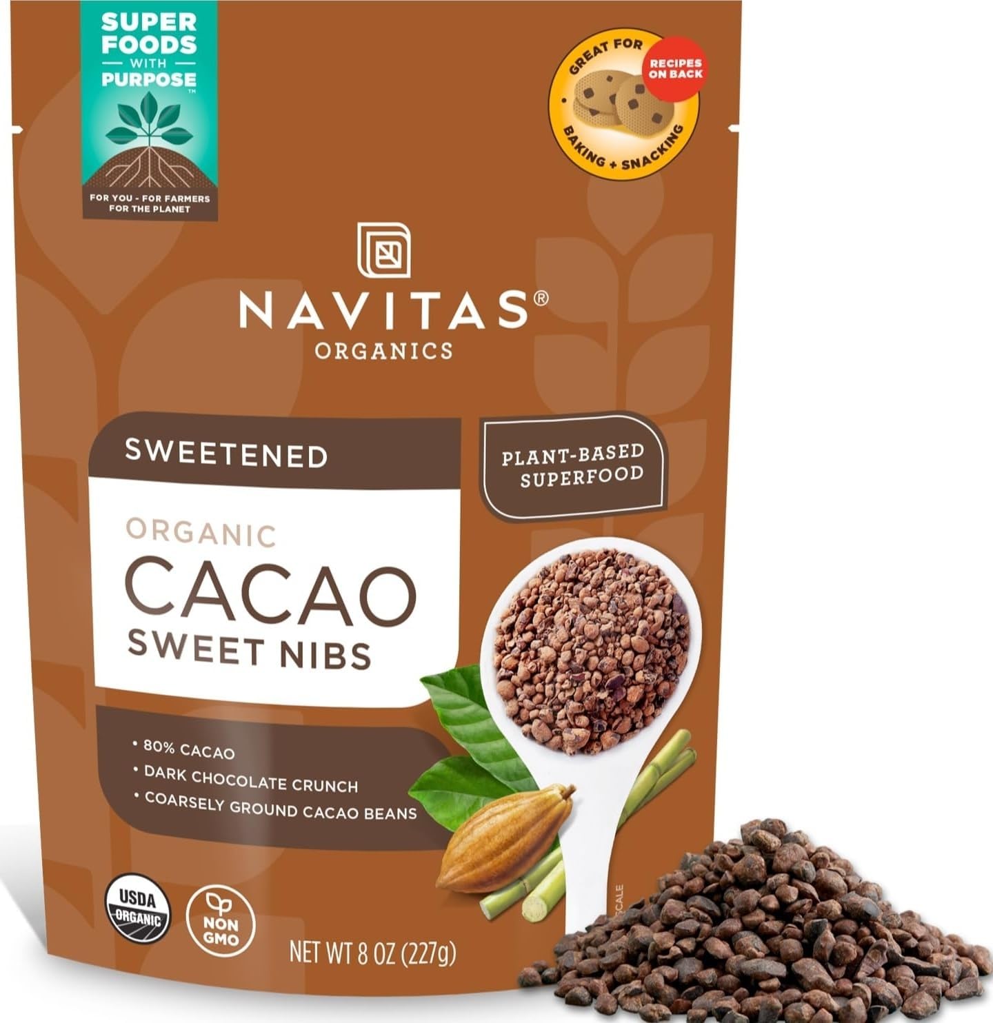 Navitas Organics Cacao Nibs – Sweetened Dark Chocolate Crunch – Antioxidants, Minerals, Fiber – For Trail Mix, Baking & More – USDA Organic, Fairtrade, Non GMO, Gluten Free, Non-alkalized (8oz. Bag 57 Servings)