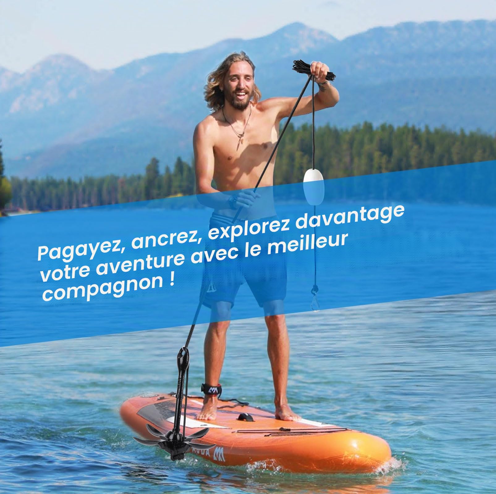 Alpinista Ancre de kayak, kit d'ancrage de bateau pliable portable de 1,6 kg avec corde marine de 12,2 m pour kayak, canoë, pêche et accessoires de planche à pagaie, noir