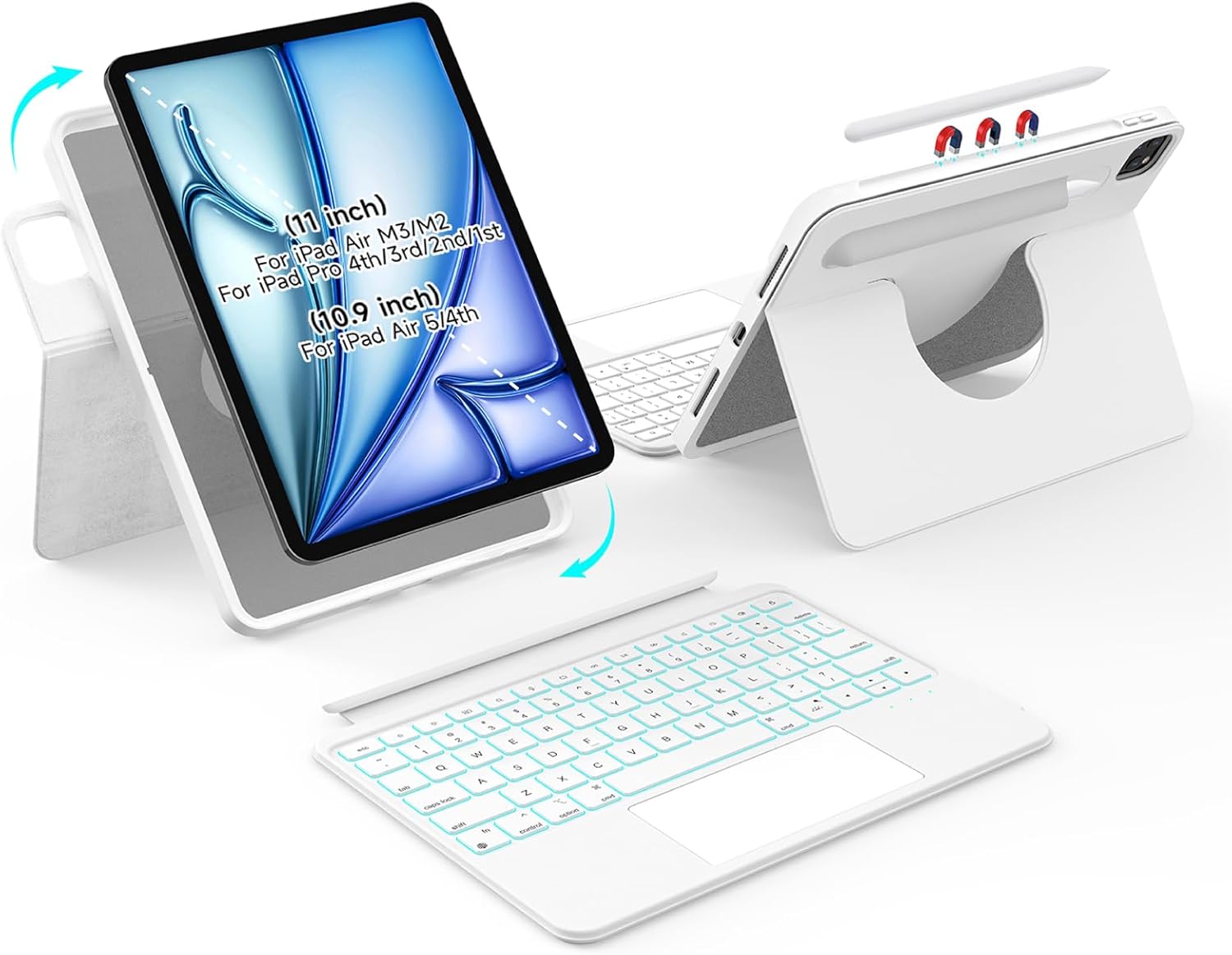 360° Full Protect Rotatable & Detachable Magnetic Keyboard Case with Trackpad & 7 Backlits for iPad Air 11 inch 2025 M3 and 2024 M2 & 11" Pro (4th/3rd/2nd/1st Gen) & 10.9" Air 5th/4th,White