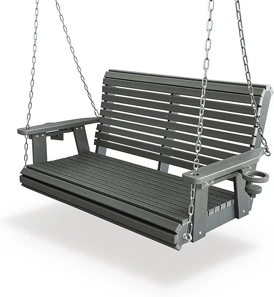 HDPE Porch Swing with 18/8 Stainless Steel Bolts, Ergonomic Design, Ultra Weather-Resistant, Heavy Duty 1200 LBS, for Outdoor Patio Garden Yard (Gray)