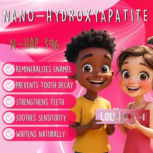Miniatura 5 de LOL Kids Pasta de dientes Paquete de 2 sabores sin flúor Pasta de dientes nano hidroxiapatita, probióticos, vitaminas A, C, E Seguro si se