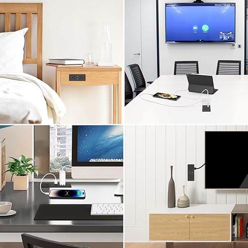 Miniatura 6 de HHSOET Regleta de alimentación de carga rápida de 20 W con USB-C, 2 enchufes de CA, 2 puertos USB, cable de alimentación de 10 pies, color negro