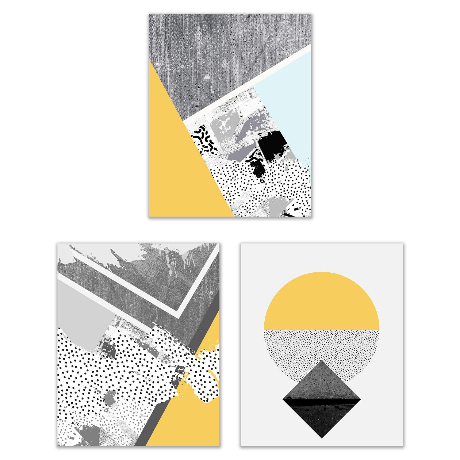 Mustard Yellow and Baby Blue Abstract Prints - Set of 3 (8x10 Inches) Glossy Polka Dots Black and White Texture Wall Art Decor
