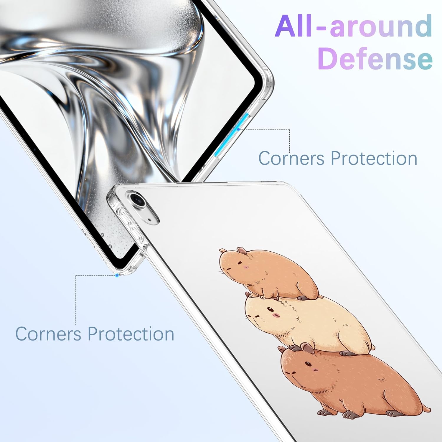 for iPad (A16) 11th Gen 2025 11"/10th Gen 2022 10.9",Kawaii Capybara Crystal Clear Case,Slim Lightweight Anti-Scratch Soft TPU Bumper Hard Acrylic Back Cover for Women