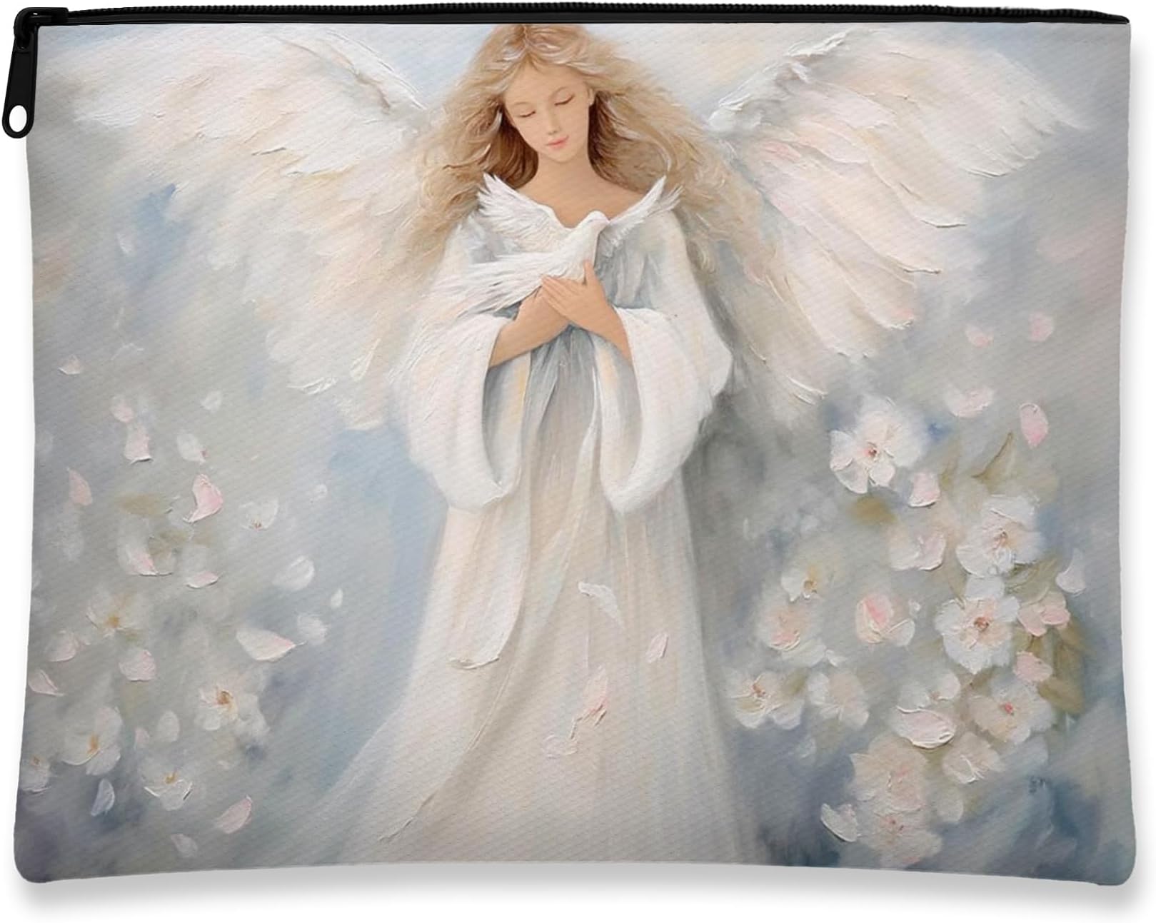 Elegant Angel Makeup Bag, Soft Pastel Wings Cosmetic Travel Pouch for Women, Portable Small Canvas Zipper Organizer, Spiritual Gift Skincare Toiletry Bag, Ideal for Spring Festival 7x9 Inch