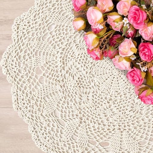 ABREEZE 100% Cotton Crochet Lace Tablecloth Sand Hair Towel Round Beige 1 pc 23.6"x23.6"