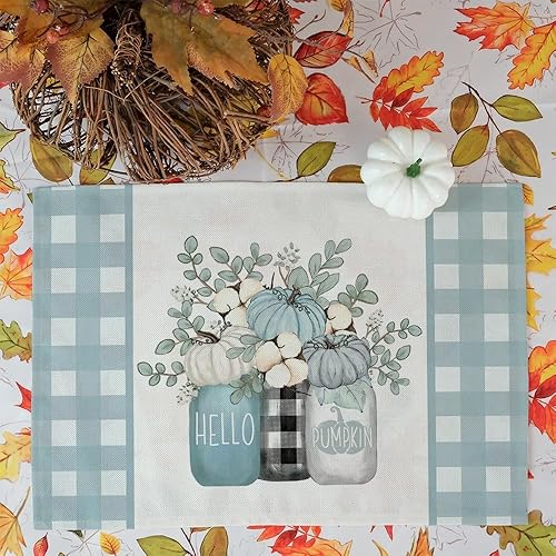 Miniatura 3 de ARKENY AP448-18 - Juego de 4 manteles individuales de algodón con texto en inglés Hello Pumpkin de otoño, 12 x 18 pulgadas, arpillera de temporada,