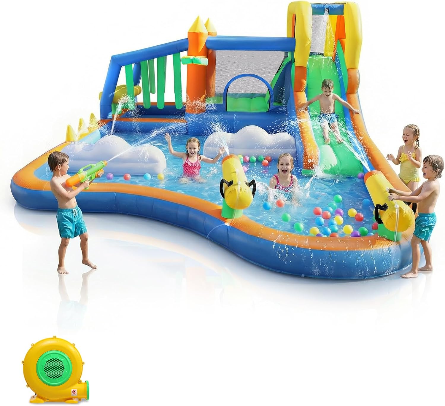 Ktaxon 8-in-1 Inflatable Water Slide with Cloud Sprinklers, Large Bounce House Outdoor Water Park w/Slide, Splash Pool & Ring Toss Game for Backyard Summer Fun, 750W Blower Included
