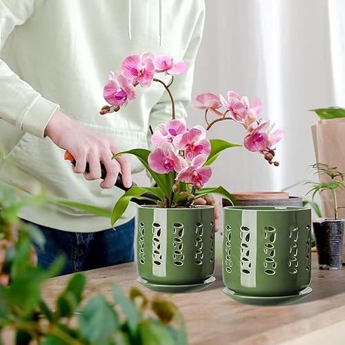 Miniatura 7 de Macetas de orquídeas con agujeros, juego de 2 macetas de cerámica de 6 pulgadas + 5 pulgadas con 2 bandejas inferiores, drenaje y ventilación