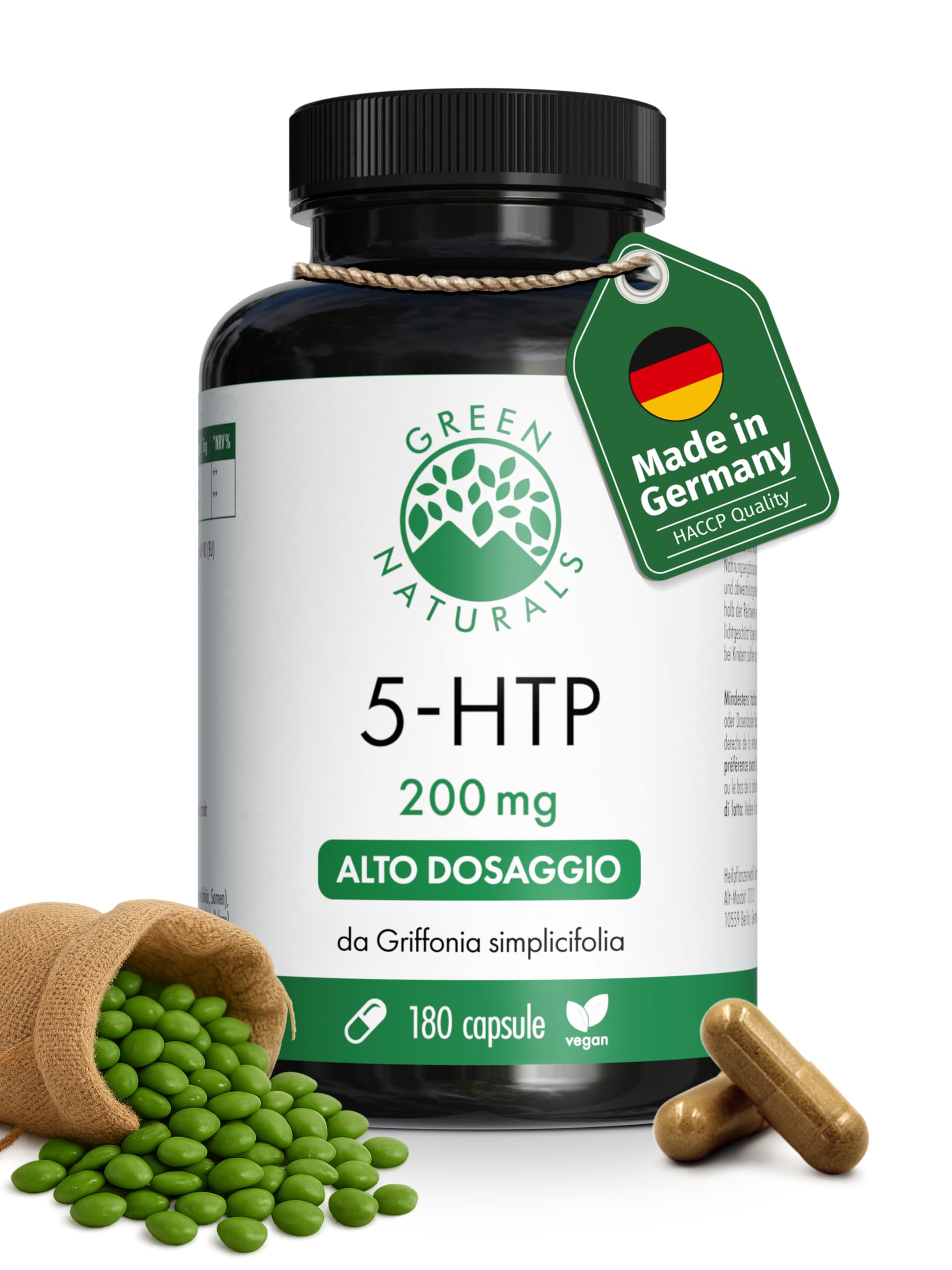 Green Naturals® 5-HTP – Ad alto dosaggio 200 mg da Griffonia simplicifolia – 100% vegano & senza additivi – Qualità tedesca – 180 capsule (6 mesi)