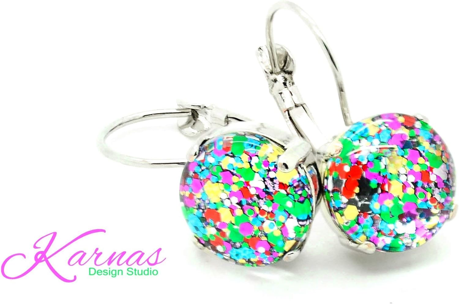 I LOVE CONFETTI 12MM Hand Painted Glass Cabochon Drop Leverback Earrings *Pick Your Finish *Karnas Design Studio