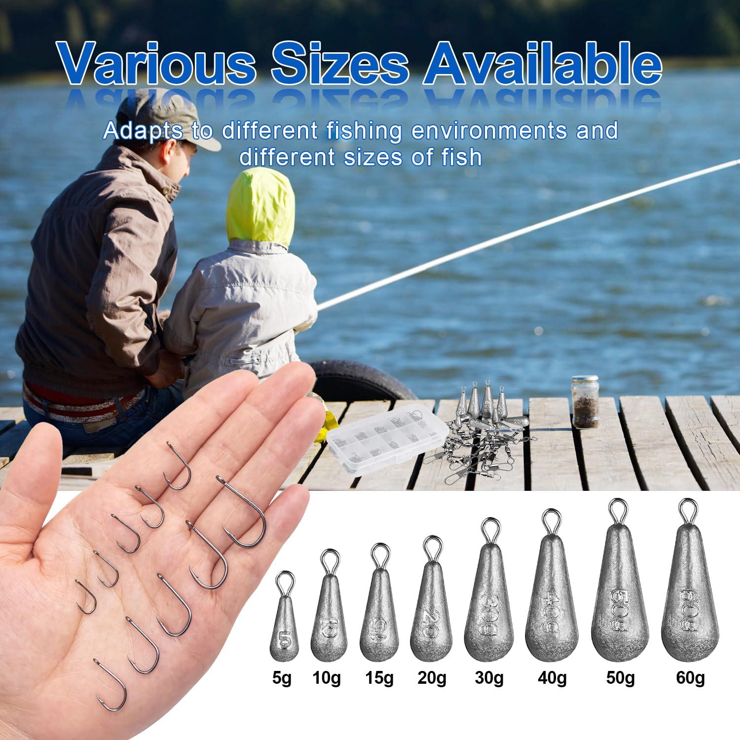 Kit de Pescas 125 Piezas Anzuelos de Pesca Plomos para Mar Surfcasting Carpa Trucha 5-60 g