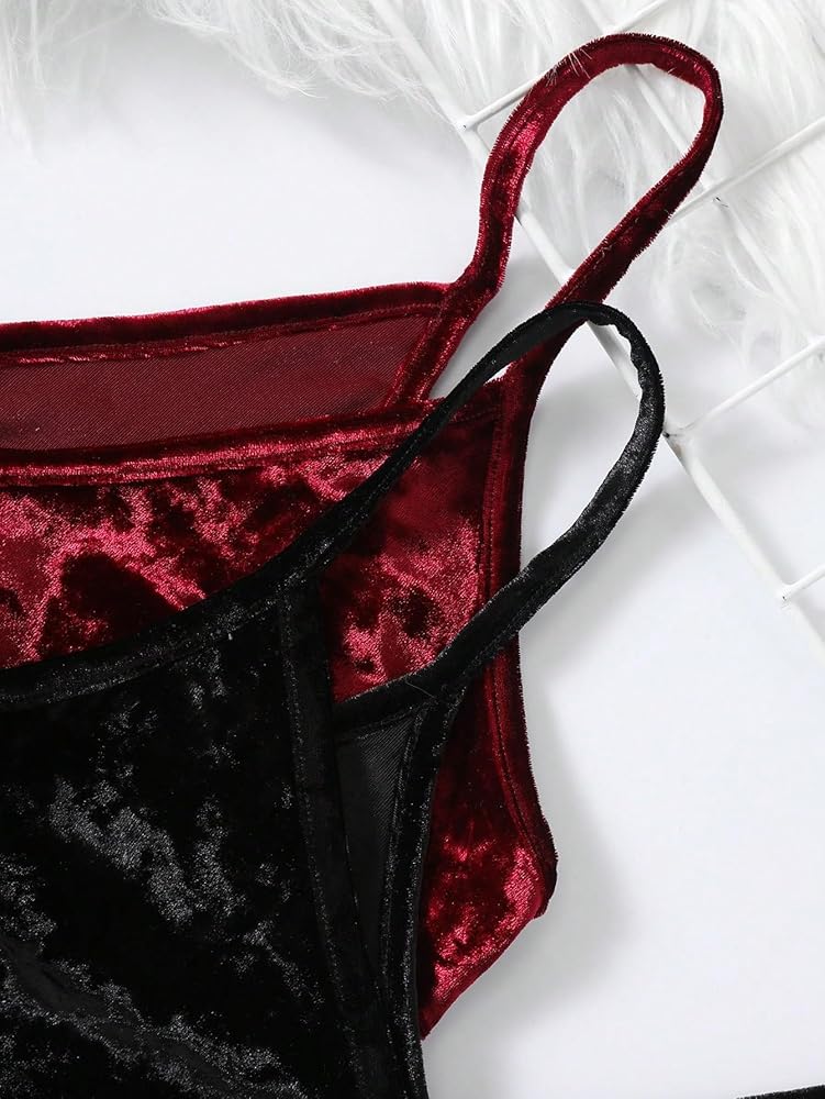SOLY HUX Women's 2 Piece Velvet Cami Top V Neck Spaghetti Strap SOLY HUX Women's 2 Piece Velvet Cami Top V Neck Spaghetti Strap